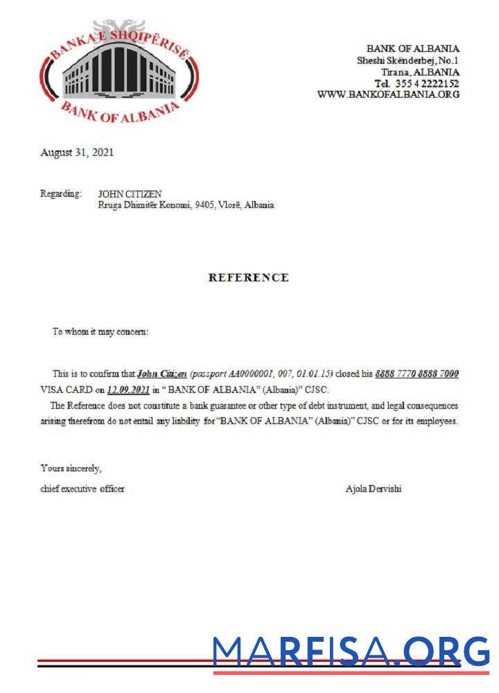 Downloadable Albania bank of Albania closure reference sample